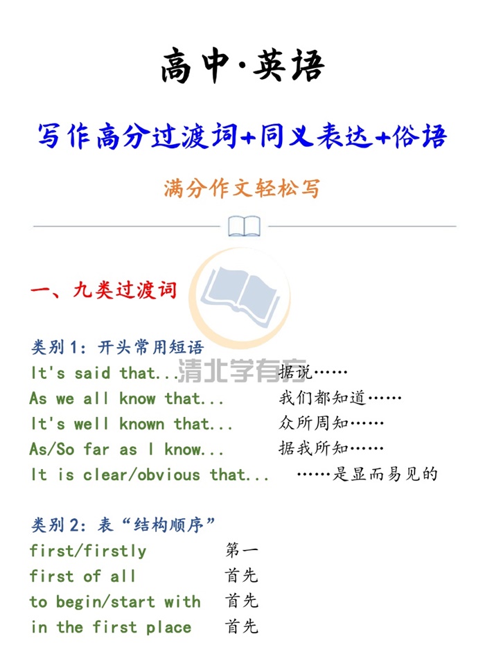 高中英语写作9类过渡词+30组同义表达+100句俗语.pdf可打印-找题宝