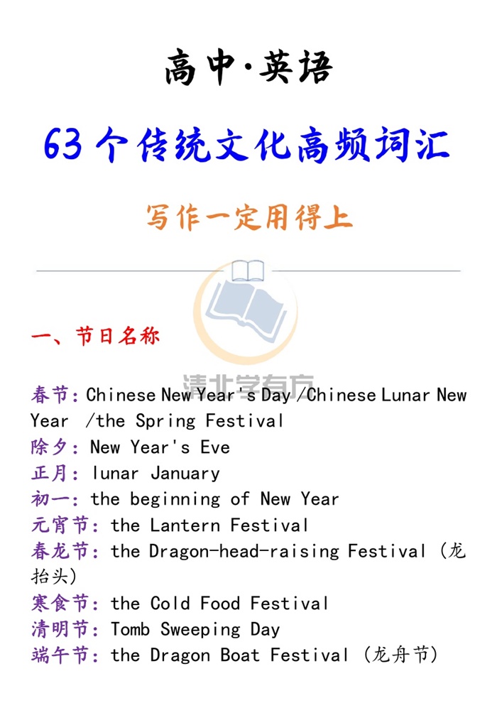 高中英语63个传统文化高频词汇，高中英语写作一定用得上.pdf可打印-找题宝